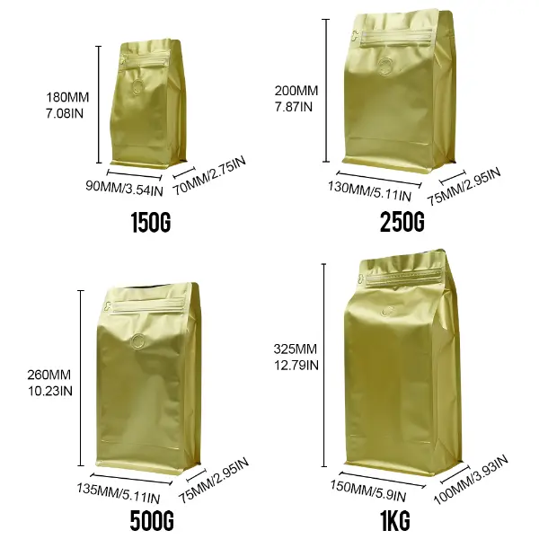 250G Stock Sachets de café dimensions Pochette à fond plat
