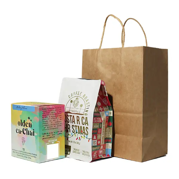 Sac cadeau café Kraft en papier moyen avec poignée torsadée, Adapté aux sacs de café et aux emballages cadeaux