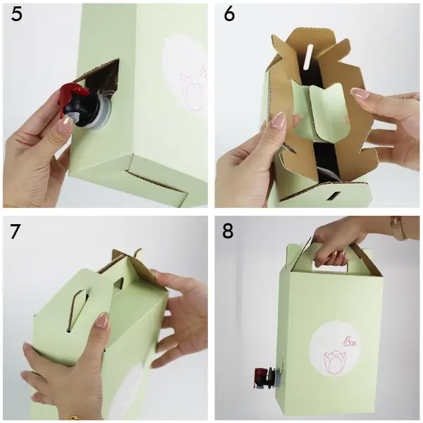 Sac personnalisé dans un coffret avec poignée de transport et robinet de distribution avant