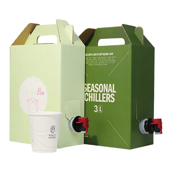Sac personnalisé dans un coffret avec robinet de distribution et boîte extérieure en carton