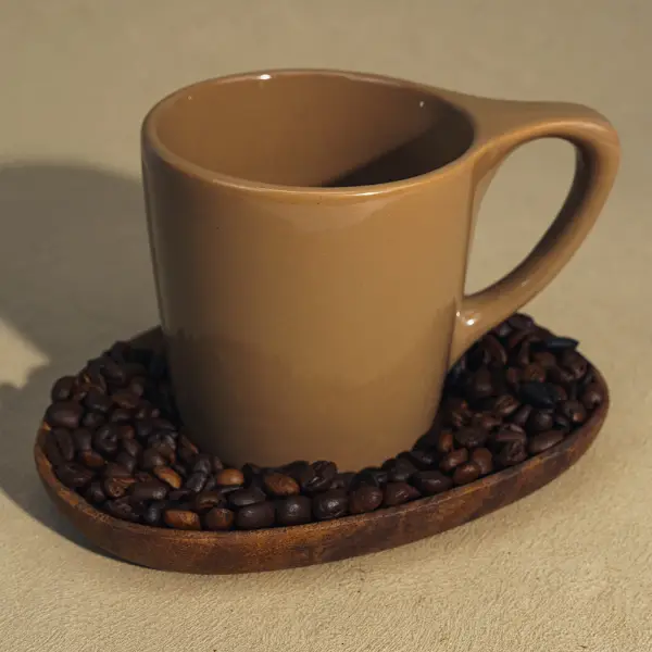 Tasse céramique marron sur mesure à bouche plate avec poignée dans la scène des grains de café