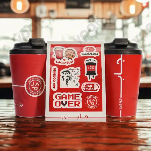 Tasse sous vide personnalisée avec logo pour les marques de café, présentation générale sur table de café