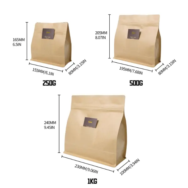 Guide de taille des sachets de café horizontaux pour 250g, 500g et 1kg