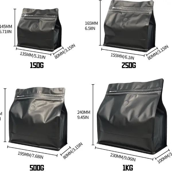 tableau horizontal des sacs de café de 150g à 1kg