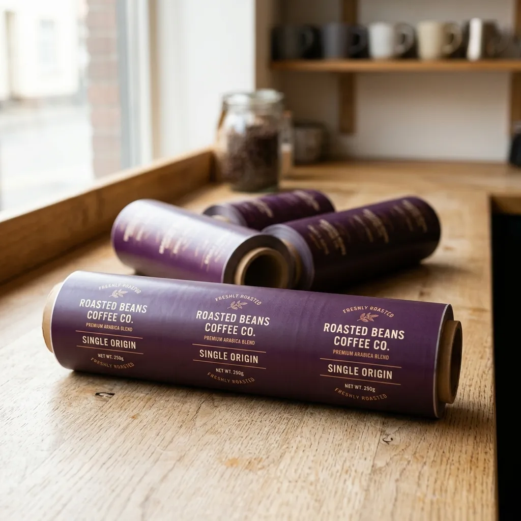 Table en bois Printed_packaging_film_rolls_on violette
